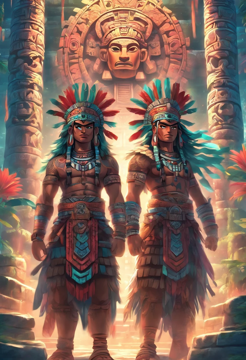 Two Men In Native Clothing Standing In Front Of A Stone Structure ...