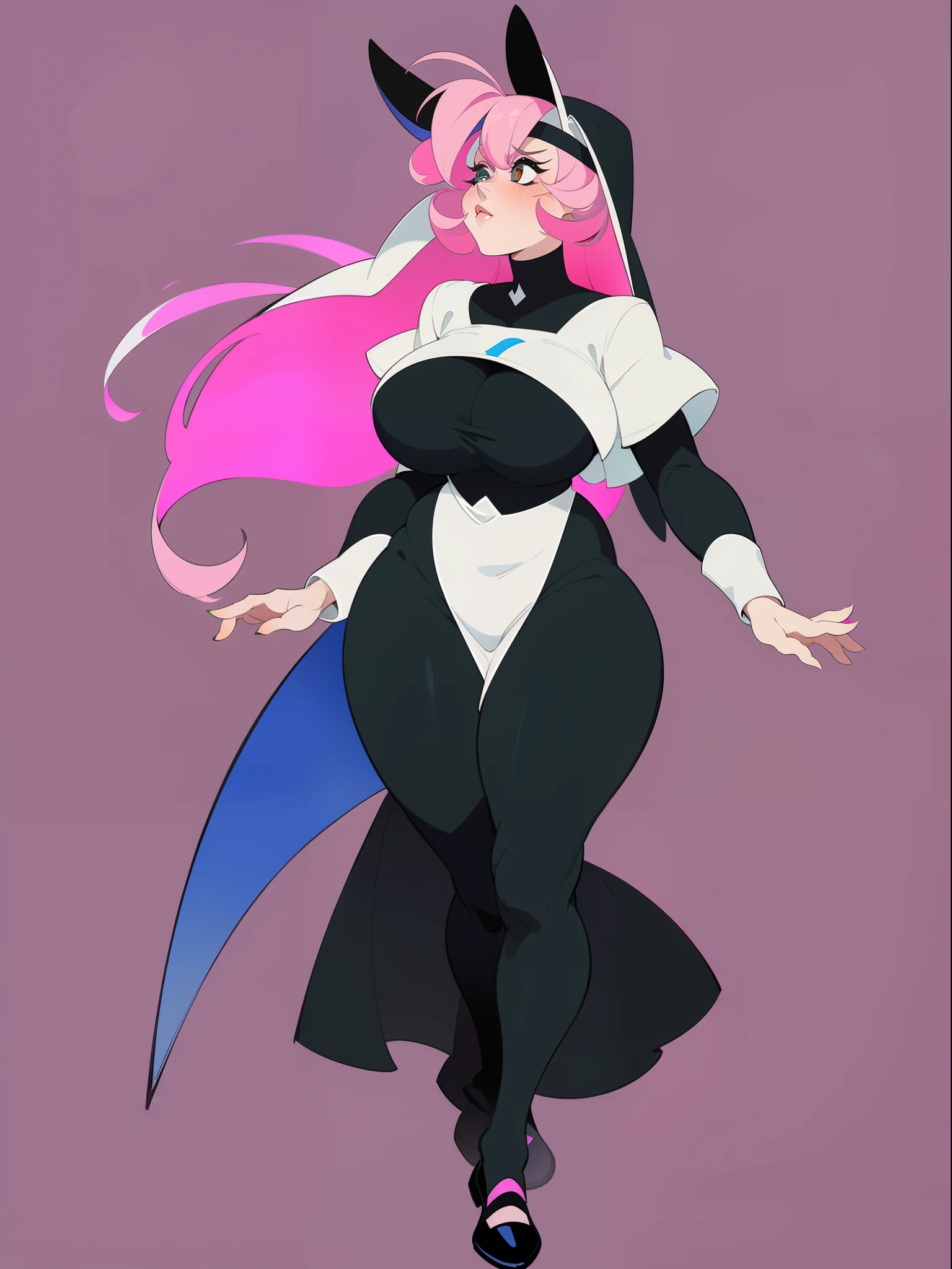 A cartoon picture of a woman with pink hair and a black and white outfit -  SeaArt AI