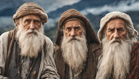 3 old men, long white beard, prophet methuselah, biblicalphotorealistic, 8k, super detail, accurate, best quality.