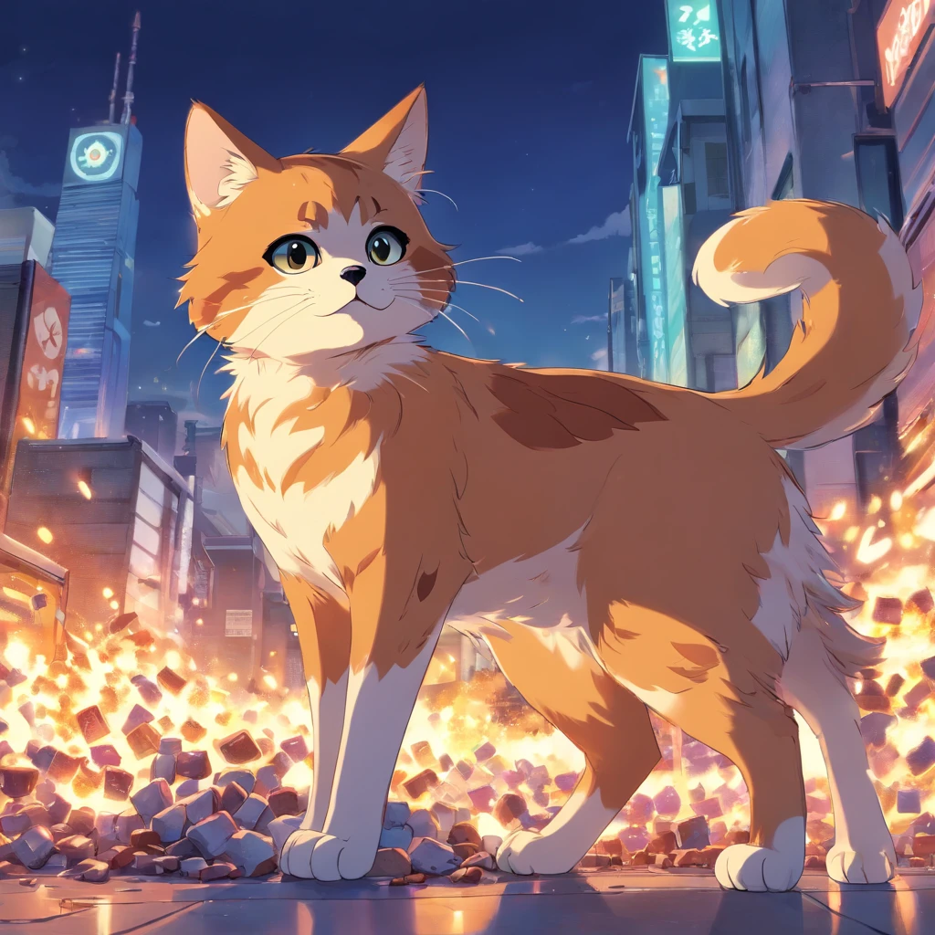 Anime cat standing in front of a city with lots of fire - SeaArt AI