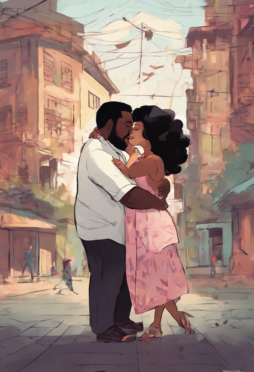 A painting of a couple kissing in the middle of a city street - SeaArt AI