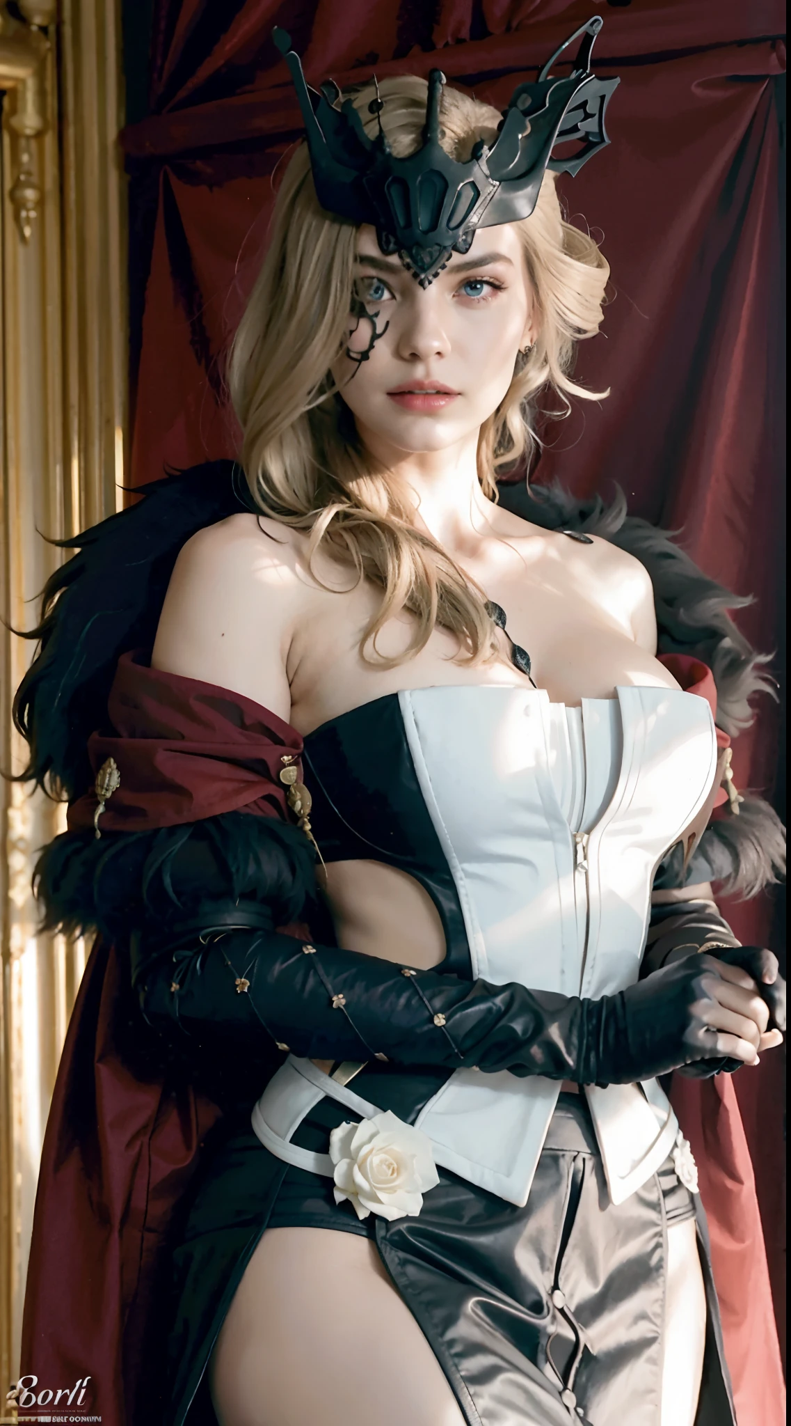 Photography Awards, Masterpiece, Photorealistic, High Resolution, soft light, signora \\(Genshin Impact\\) , large breasts, Long hair, mature female, one eye covered, Jewelry, mask, black gloves, elbow gloves, fur-trim, Dress, coat, blonde hair, Long hair,eyepatch, mask,blue eyes,Dress,fur-trim, Huge-breasts, bare shoulders, bellybutton, cleavage
