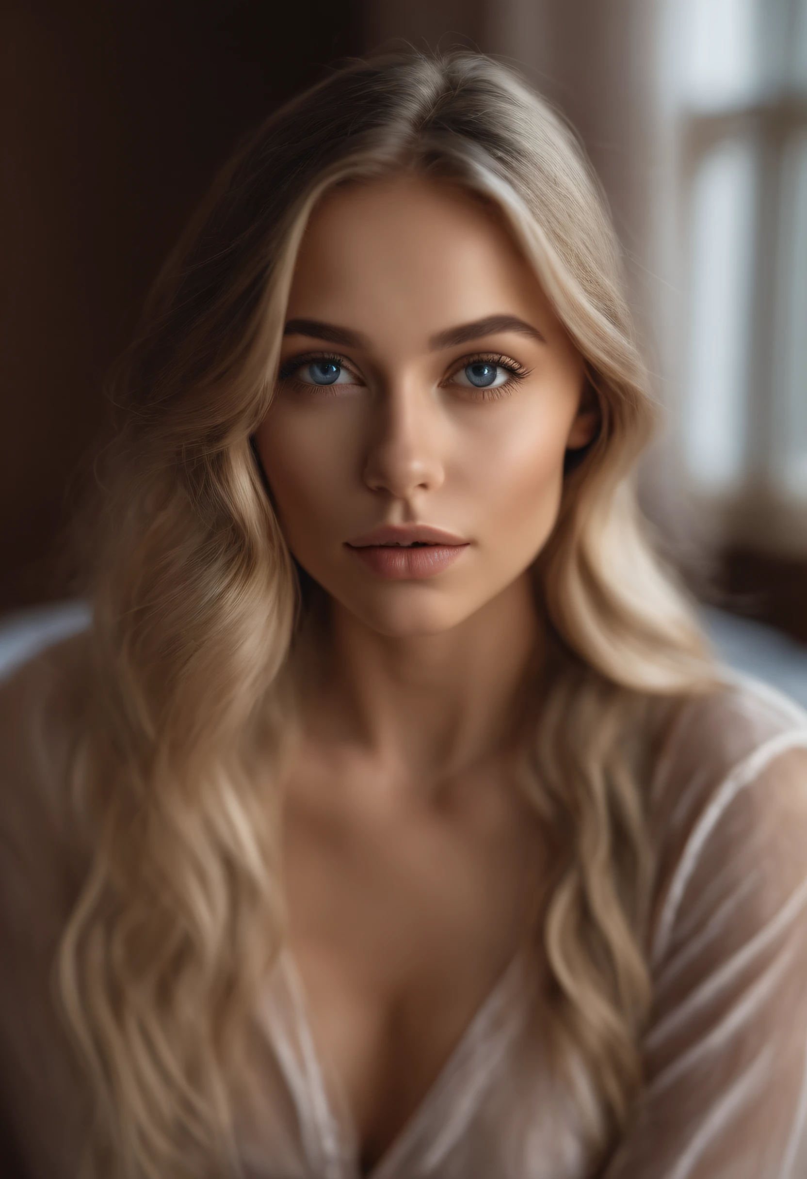 Arafed Full Woman, Sexy Girl with Blue Eyes, Nude, Ultra Realistic, Meticulously Detailed, Portrait of Sophie Mudd, Blonde Hair and Big Eyes, Selfie of a Young Woman, Bedroom Eyes, Violet Myers, No Makeup, Natural Makeup, Looking Directly at the Camera, face artgram, subtle make-up, Impressive photo of the whole body kneeling on the bed, In the bedroom, Medium and large size chest, allowing the face to be seen clearly, portrait