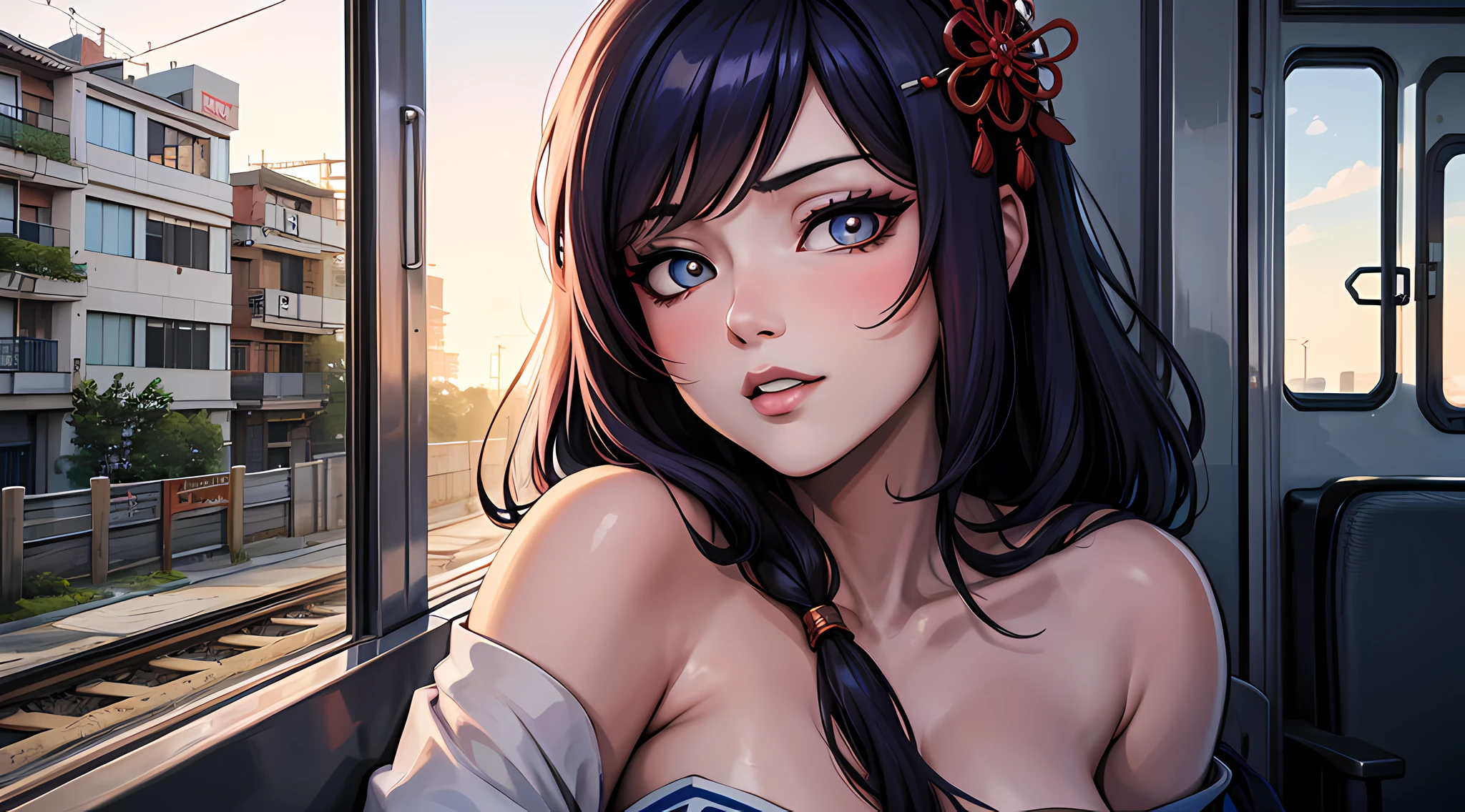 Asian woman, hair with colored highlights, sitting in a train carriage, travel by train, lights reflected in hair , bright and penetrating colored eyes, window to the city, hair fluttering in the wind, facefocus, zoom in on face, alone, influenced by Japanese culture and aesthetics, atmosfera tranquila, ultra detailed eyes, Masterpiece artwork, nblurry background, 8k.
