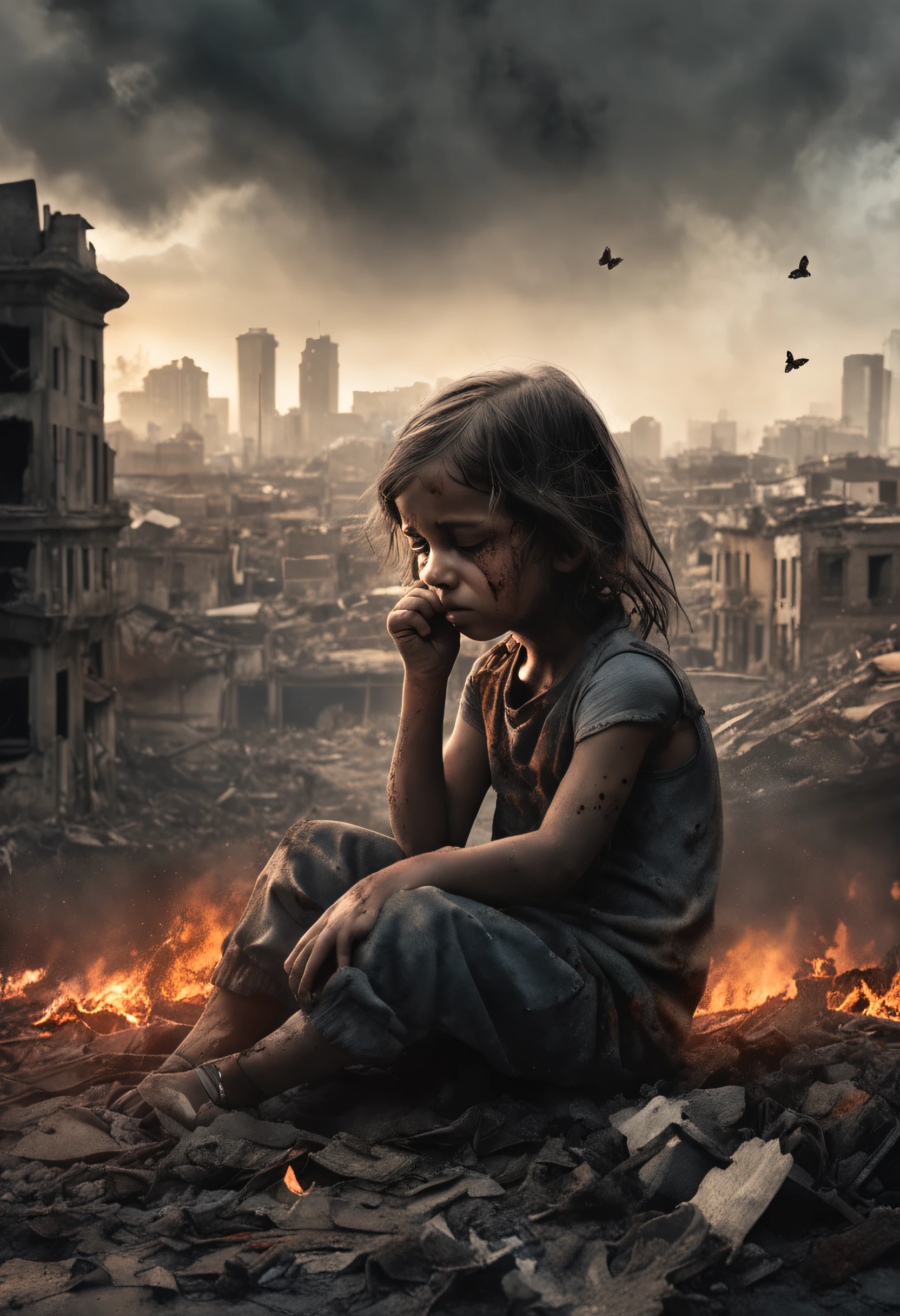 A close up of a child sitting on a pile of rubble - SeaArt AI