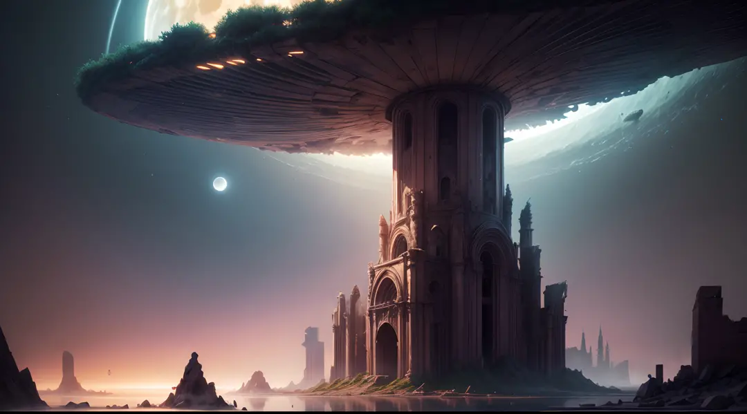 An otherworldly landscape bathed in the soft, ethereal light of multiple moons, where a girl in a futuristic spacesuit gazes up in wonder, surrounded by floating islands and ancient, mysterious ruins.
