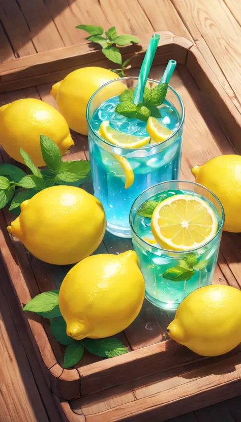 a glass of lemon juice、bloo、Refrigeration effect、On a wooden tray、Two lemons and mint leaves、Next to the green and red straws、Ultra-realistic food images、Complete theme shown in the picture、Randy Post、surrealistic」、surrealistic&quot;、high-resolution photo