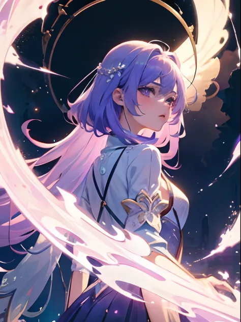 ethereal anime girl in a nice violet outfit, colored hair, looking from side, with the whole image in an anime
