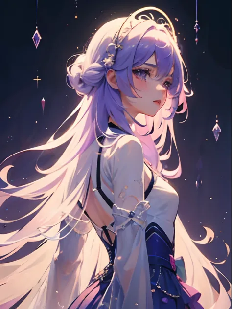 ethereal anime girl in a nice violet outfit, colored hair, looking from side, with the whole image in an anime
