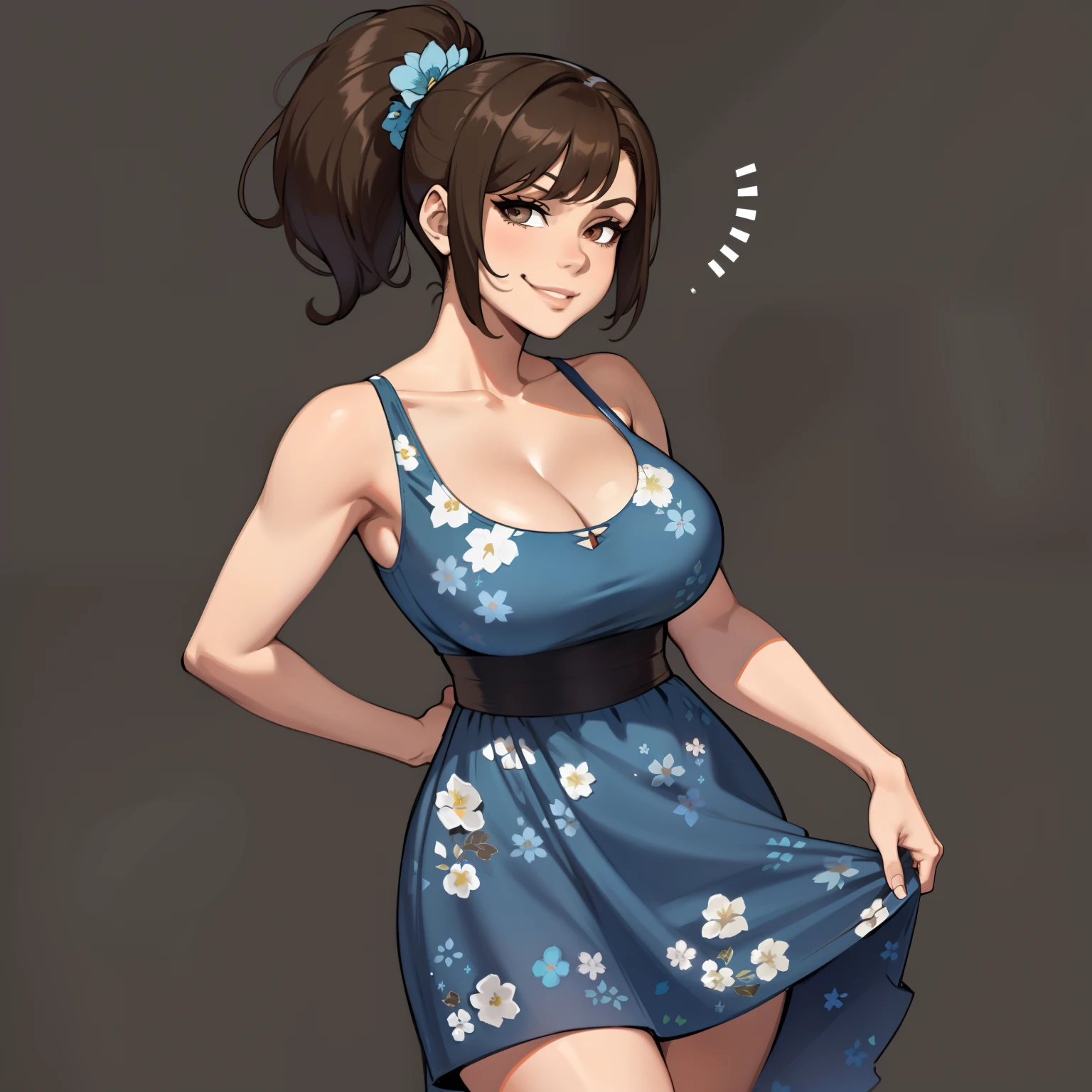 one female with short ponytail brown haircut, has brown eyes, long form fitting blue floral dress, alone, solo, (ALONE)(SOLO), showing cleavage, facing forward, looking at me, looking forward, smirk, showing full legs, looking casual