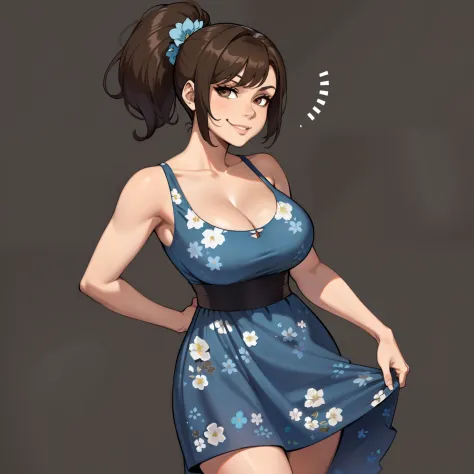 one female with short ponytail brown haircut, has brown eyes, long form fitting blue floral dress, alone, solo, (ALONE)(SOLO), s...