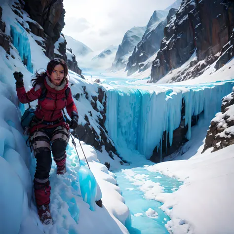 Lara Croft climbing over the Khumbu icefall, wearing snow clothes, bad weather