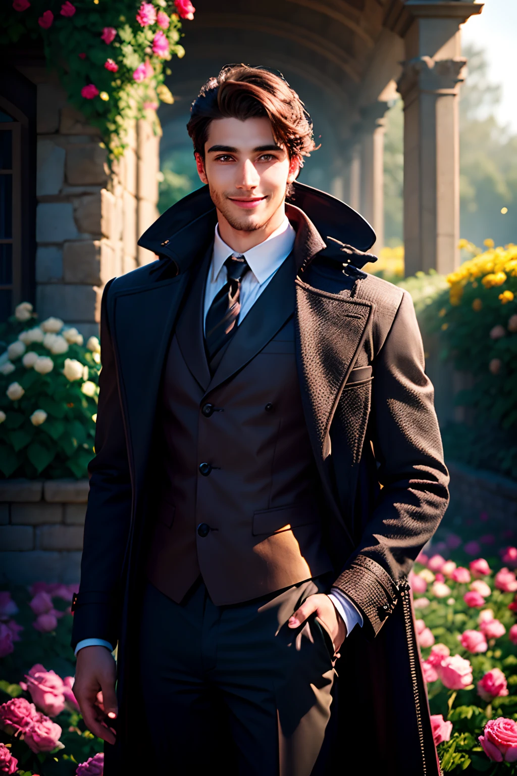 A nice young man with long coats.  Stand smiling.  In the garden of roses, big flowers., brown hair, glowing eyes, smile, modern, depth of field, god rays, multiple views, UHD, anatomically correct, textured skin