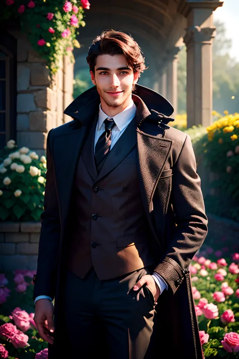 a nice young man with long coats.  stand smiling.  in the garden of roses, big flowers., brown hair, glowing eyes, smile, modern...