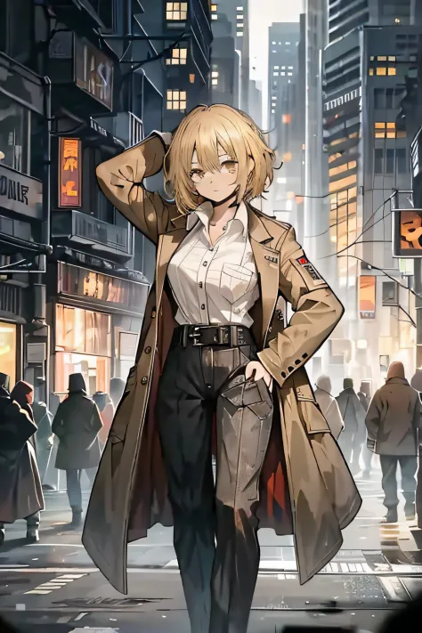 a 1girl, blond hair, square, brown eye, rumpled white shirt, dark brown coat, black pant, against the backdrop of the city, peti...