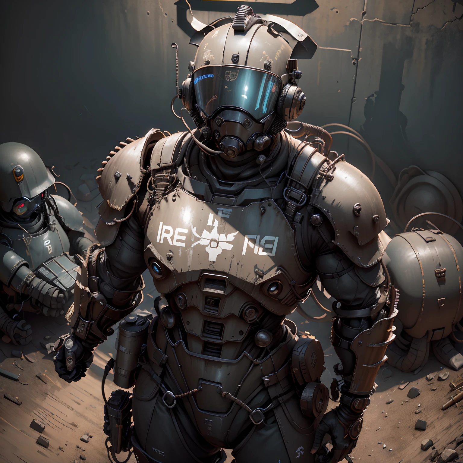A male power armor leans against the wall with tubes connected to it, fully body, conceptual artwork, fallout style, male armor, closed helmet with black visor, in an open field, staring overhead, View from above
