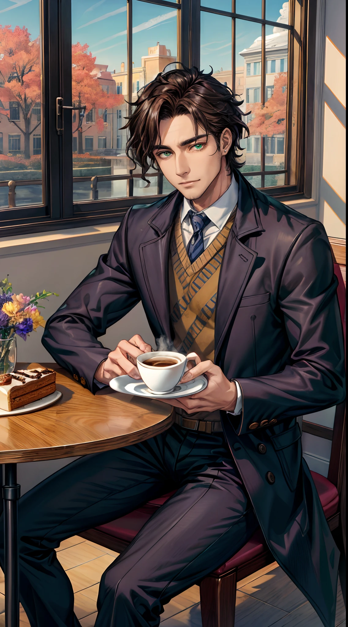 (Masterpiece, hiquality, absurdress), 1male, dark hair, Wavy Hair, The eyes are green, a perfect face, sports body, solo,  Male body, male focus, Detailed eyes and face,  Cozy café, lots of flowers, a table, Drinking coffee, Eat Cake, sitting at a table in a café, Take a selfie, overcoat, shirt, pants, Shoes, Romantic setting, Autumn outside the window