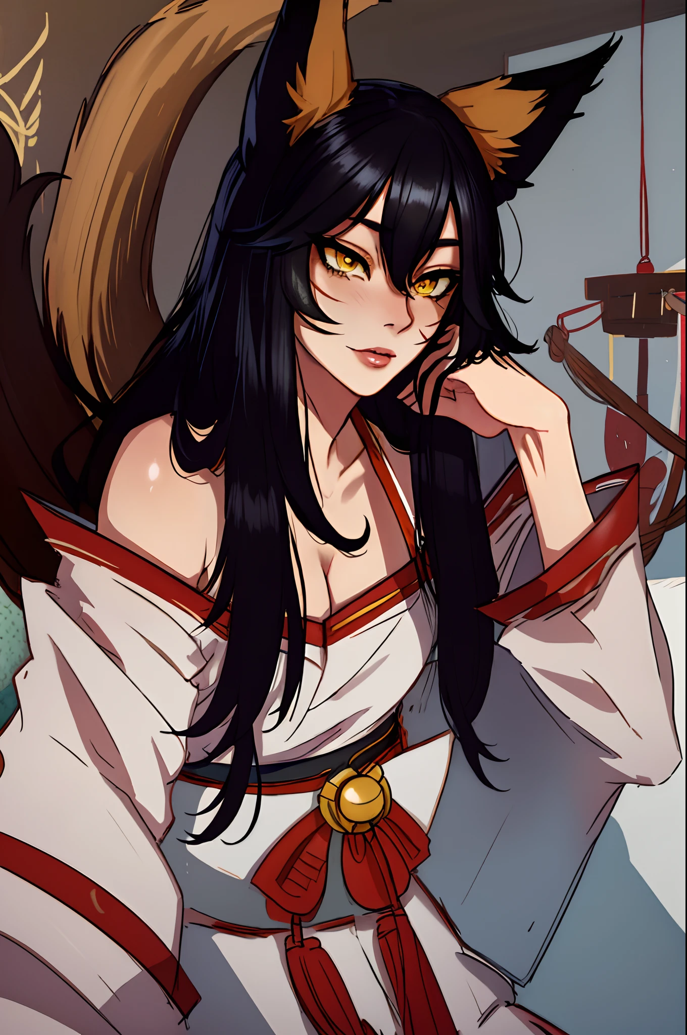 masterpiece, best quality, ah1, facial mark, fox tails, korean clothes, face portrait, detailed face, beautiful, detailed face, detailed eyes, Ahri_Cosplay, yellow eyes, Black long hair, fox ears, sexy look