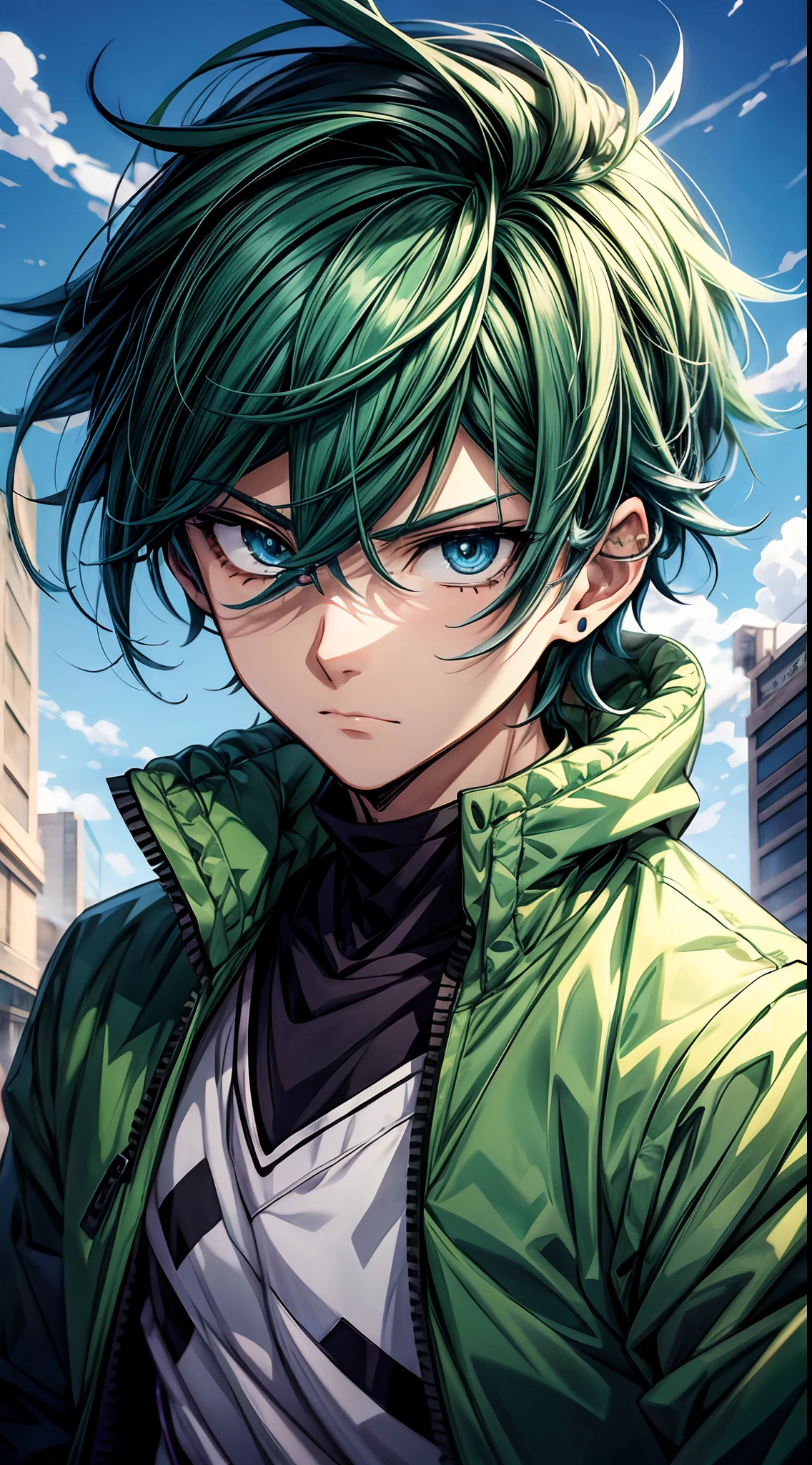 a cartoon boy with a green jacket and blue hair pointing up, red eyes,  trigger anime artstyle, high quality anime artstyle, in an anime style -  SeaArt AI