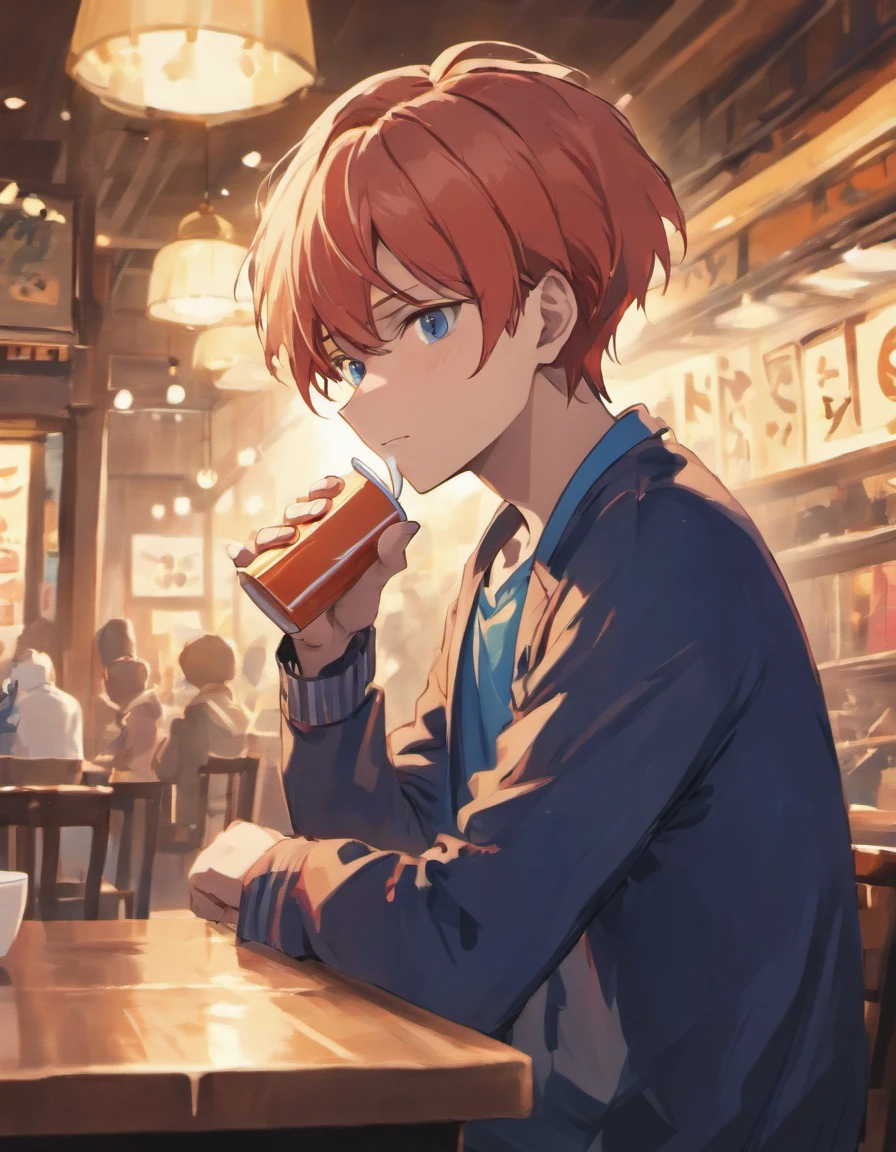 Satoru Gojo drinking coffee at a café、(Stylish clothes:1.5),blue-sky、outside of house、