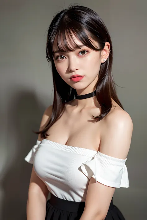 best quality, ultra high res, (photorealistic:1.4), 1girl, off-shoulder white shirt, black tight skirt, black choker, (black hair:1), (breasts:1.2), looking at viewer, closeup ,