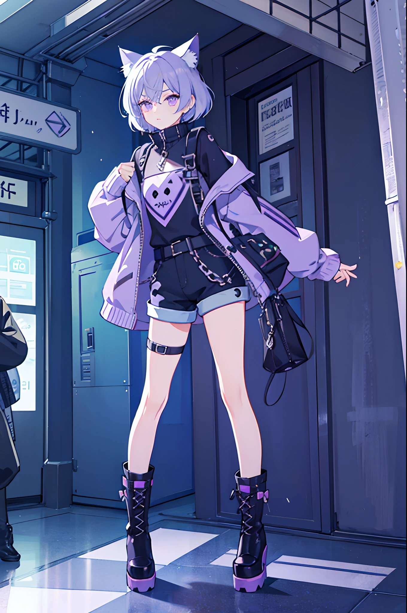 Anime girl in short skirt and boots standing in a subway station - SeaArt AI