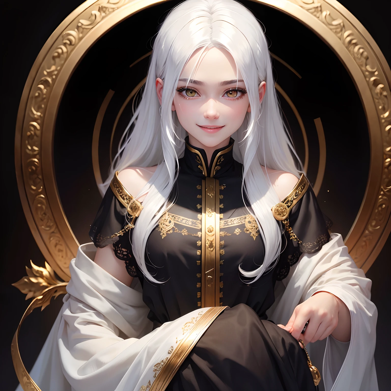 best quality, white hair, gold eyes, black clothes, hair strand, Fair skin, smiling