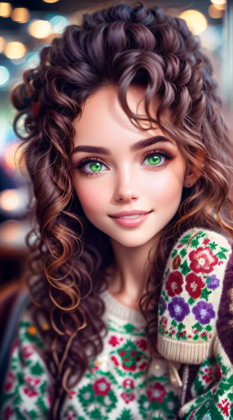Ultra-realistic color photographic portrait taken by professional photographer of a beautiful Brazilian woman, curly brown hair ...