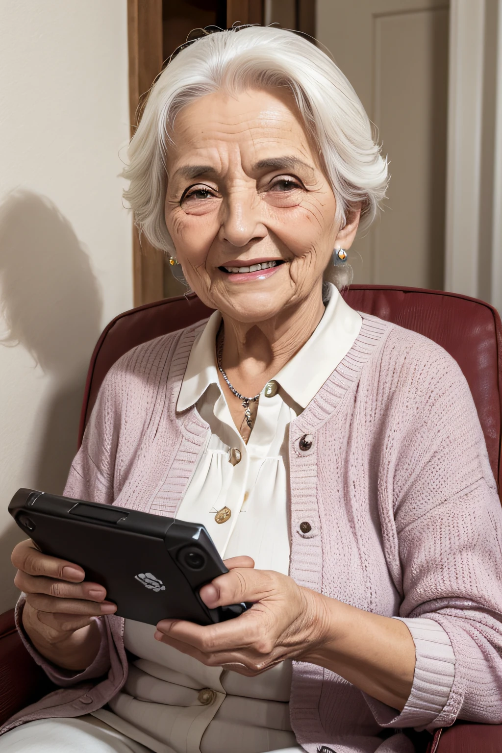 Smiling elderly woman sitting in a chair holding a tablet computer - SeaArt  AI