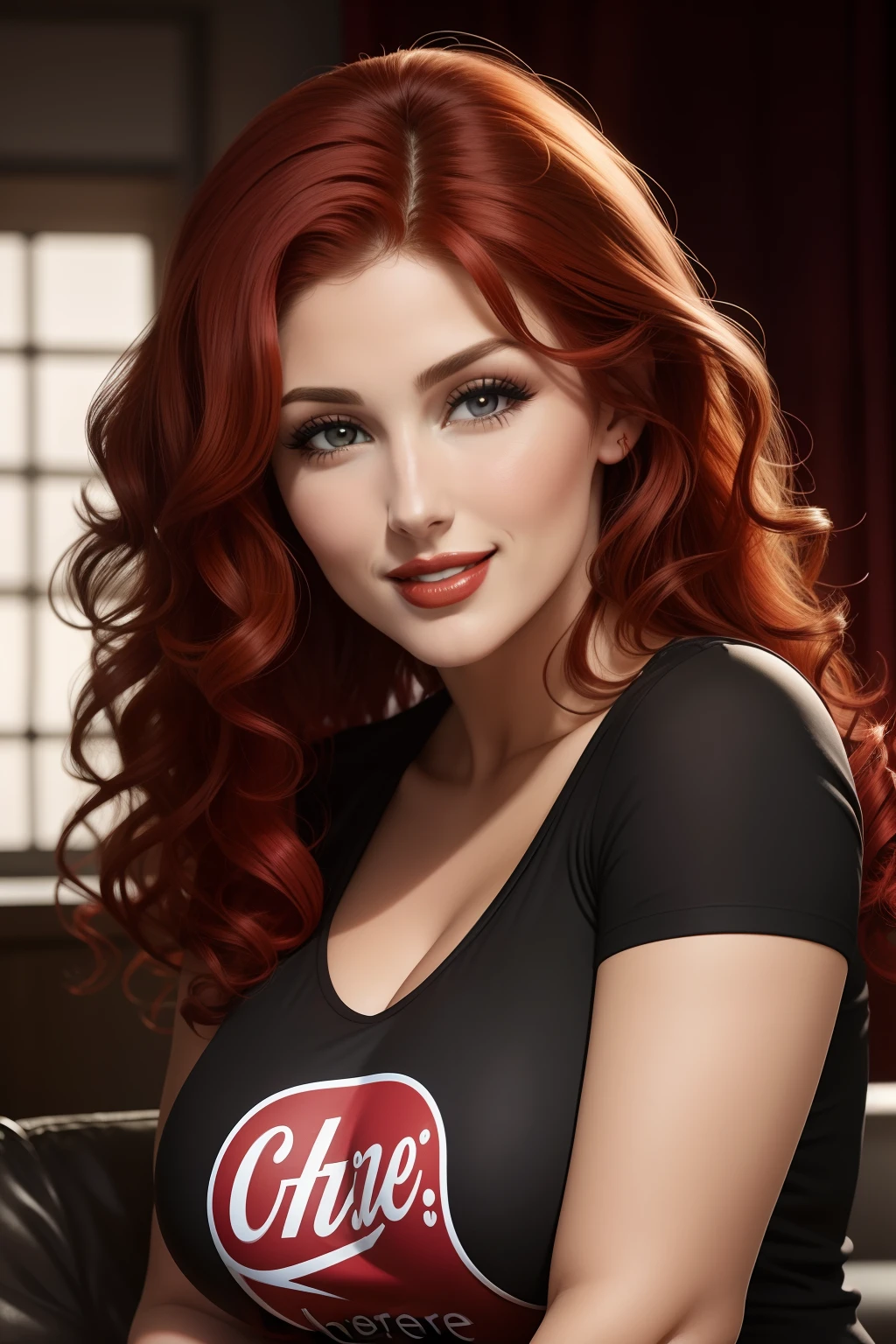 lucy pinder, face portrait, curly hair, red hair, red lipstick, Black T-shirt, smiling