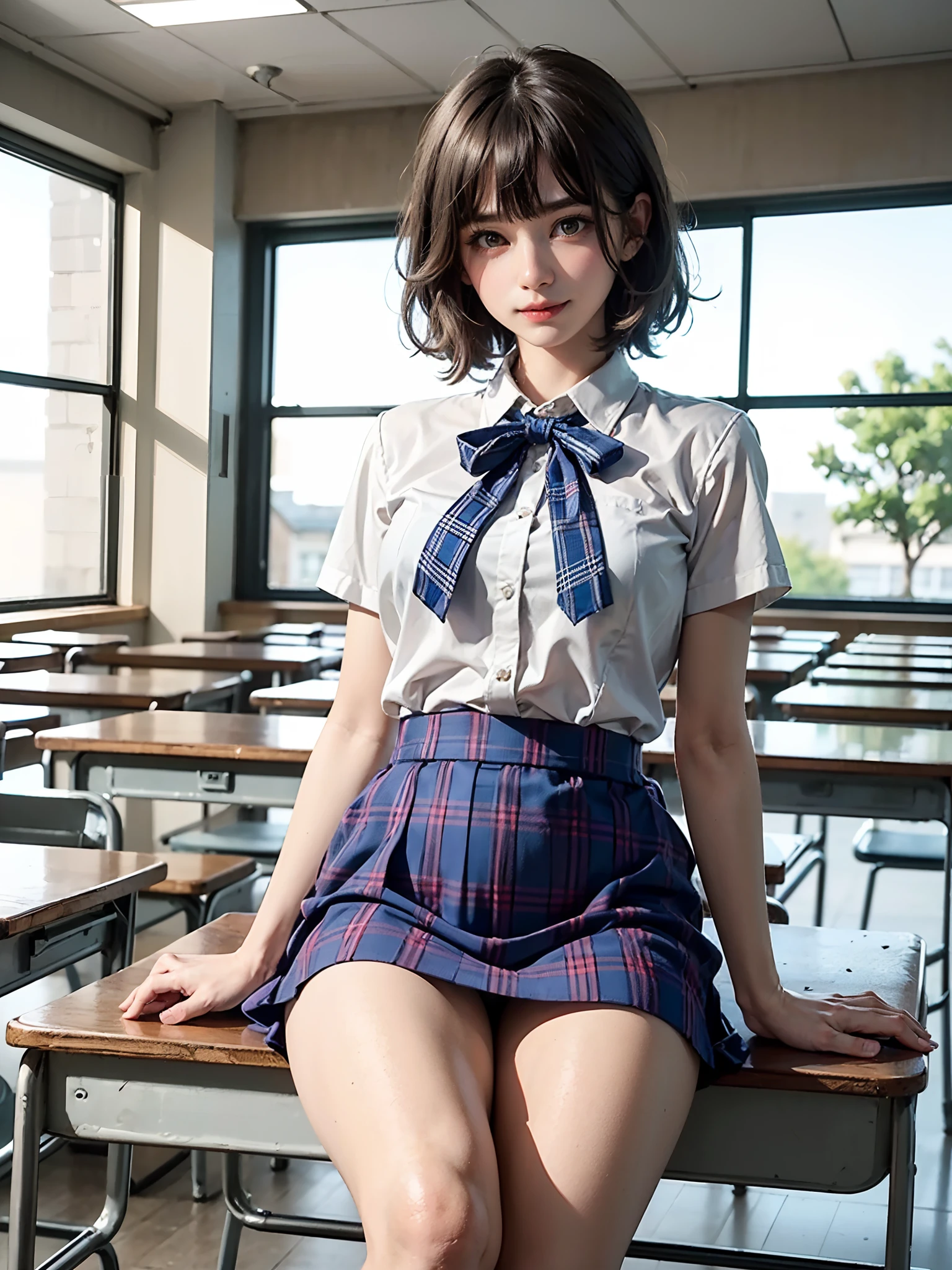 (​masterpiece、top-quality:1.2), surreal , solo, 1girl in, Yukinoshita Yukino, (shinny skin、wetted skin:1.2), Wearing sweat, I'm smiling really happily, Watch your audience carefully, all-fours, Uniforms, white  shirt, plaid skirts, thighs thighs thighs thighs, PM, Classroom surreal High School Girl、Very tall woman、short hair with clean bangs of 46 points,,,,、the neck is long、Put your ears out、Distinct double eyelids、big eye、The beauty of the golden ratio、Perfect Anatomy、Perfect and detailed body