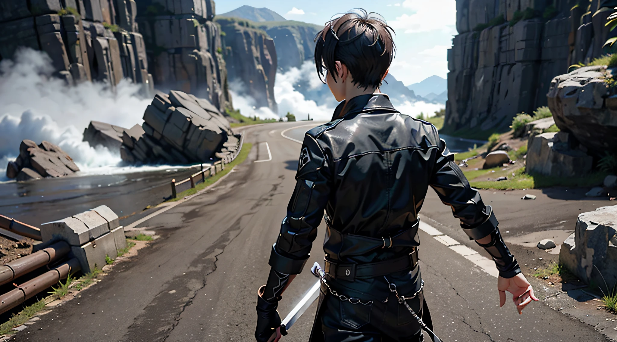 back view,  1boy, kirito SAO, sword in hand , short hair, valley , windy