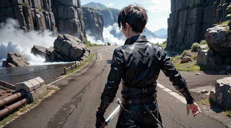 back view,  1boy, kirito sao, sword in hand , short hair, valley , windy