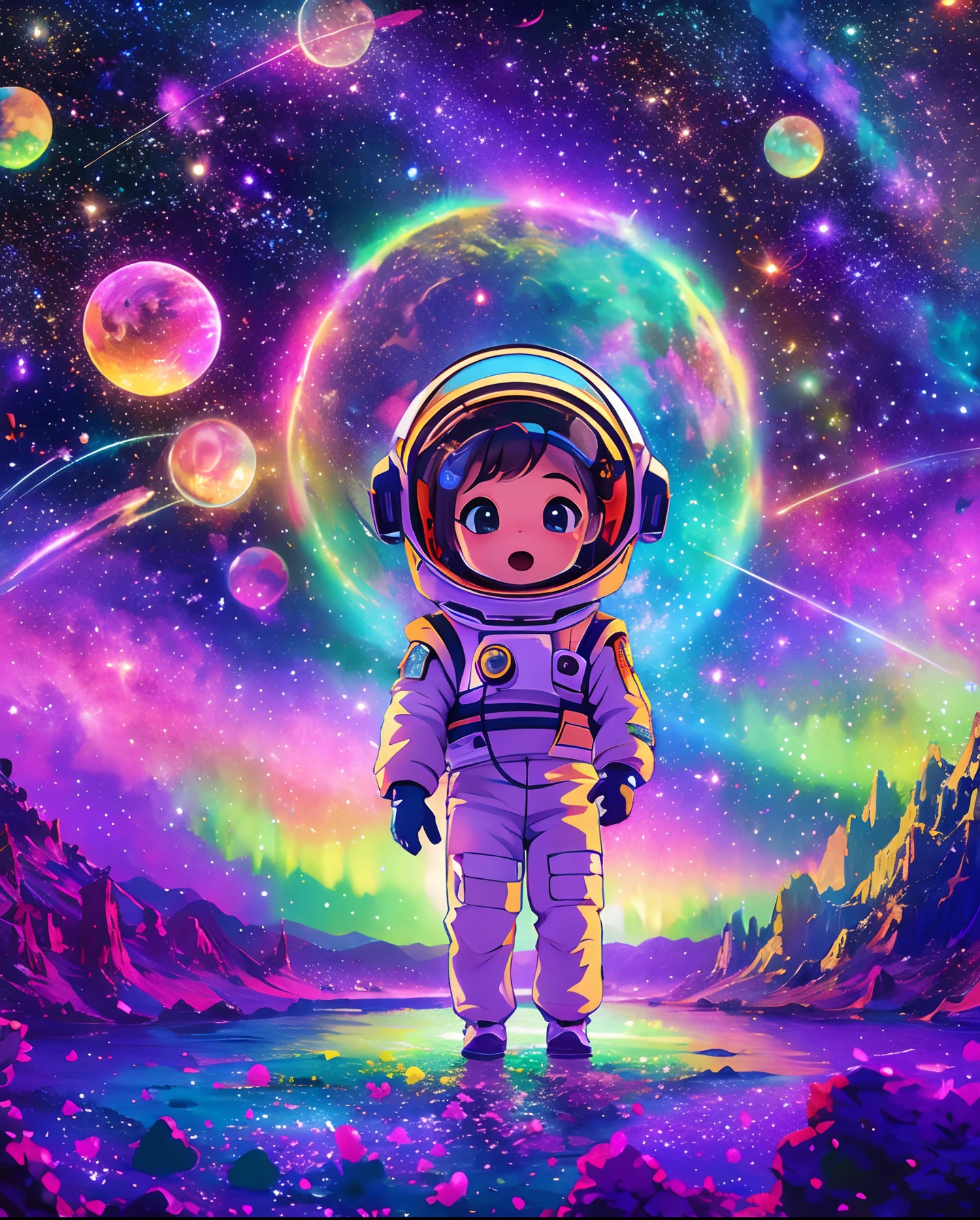 "Uma obra-prima impressionante de uma imagem bruta de 8k apresentando um astronauta chibi cercado por um céu estrelado hipnotizante, fogos de artifício aéreos vibrantes, e o espetáculo de tirar o fôlego da aurora dançando na Via Láctea. Esta arte oficial captura a beleza, estética, e animação de uma atmosfera de festival com um toque de efeito de lente olho de peixe. É realmente uma representação de alta qualidade do mundo dos sonhos de Lovestar.."