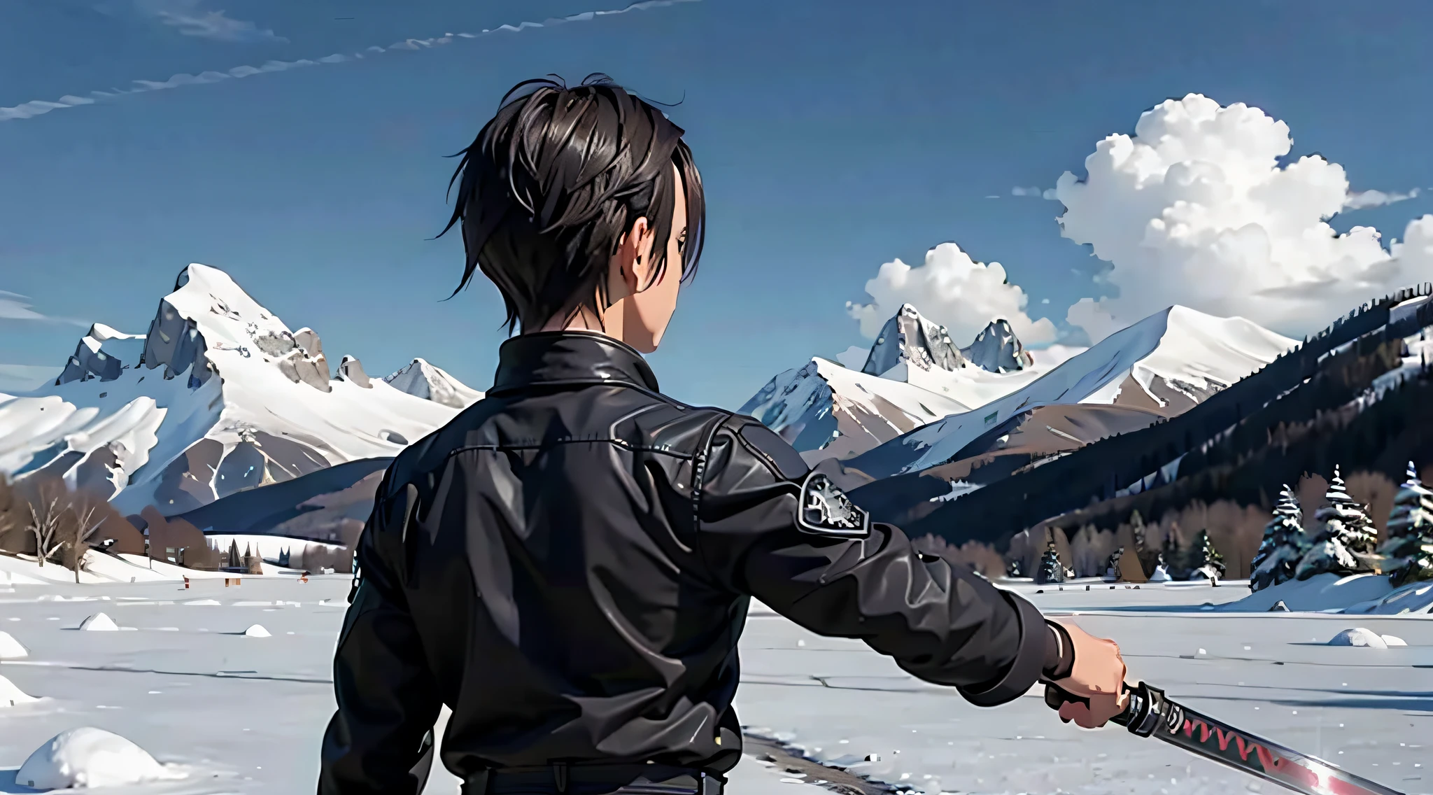 back view, 1boy, kirito SAO, katana in hand , short hair, mountains , windy