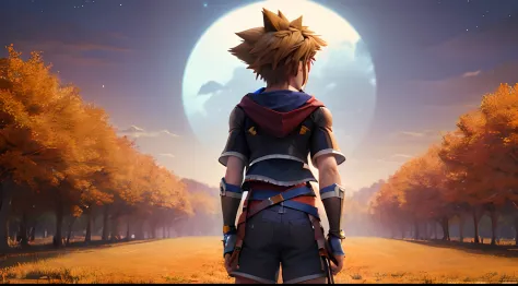 (masterpiece, best quality:1.2), cowboy shot, solo, male focus, 1boy, sora \(kingdom hearts\), serious, intense, looking at view...
