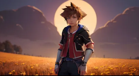 (masterpiece, best quality:1.2), cowboy shot, solo, male focus, 1boy, sora \(kingdom hearts\), serious, intense, looking at view...