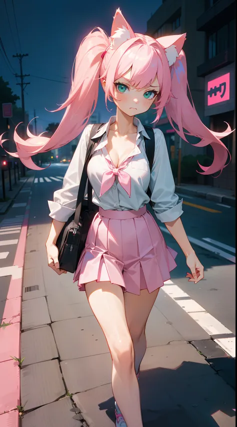 1girl,solo,sad face,closed mouth,white shirt,little cleavage,pink skirt,normal tits,(pink cat ears),light pink hair,mega twintai...