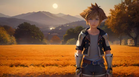 (masterpiece, best quality:1.2), cowboy shot, solo, male focus, 1boy, sora \(kingdom hearts\), serious, intense, looking at view...