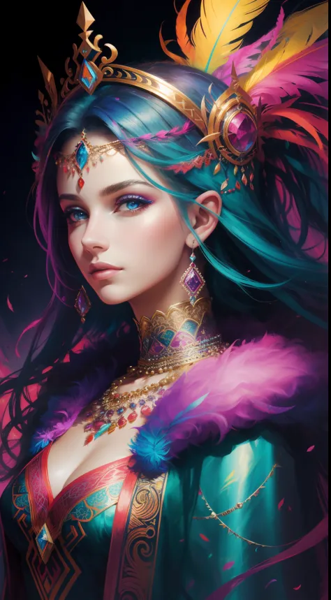 colorful portrait of a beautiful girl, vibrant colors, abstract elements, wearing a feather crown, fantasy style background, hyp...