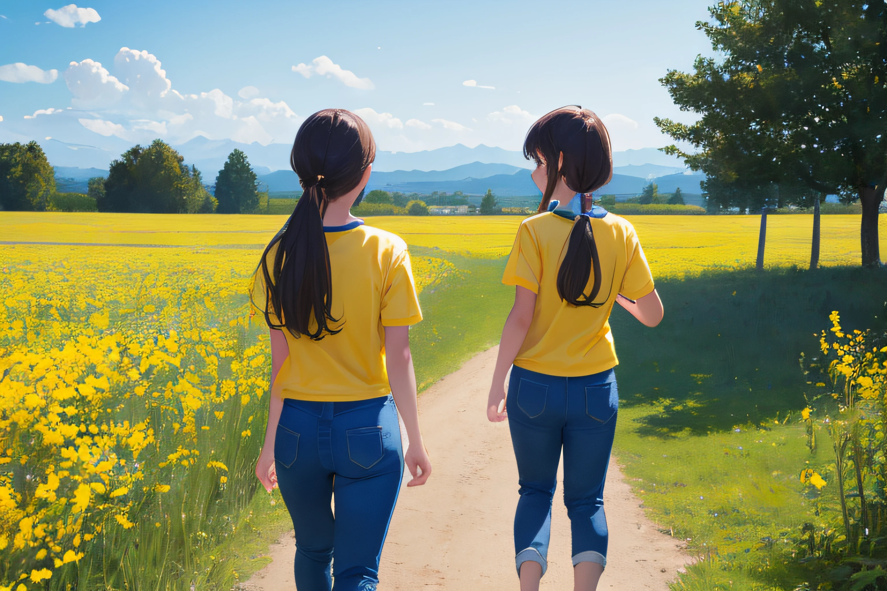 遠くで、制服を着た2人の幸せそうな学生が写っている風景, 黄色のTシャツと青いロングパンツ