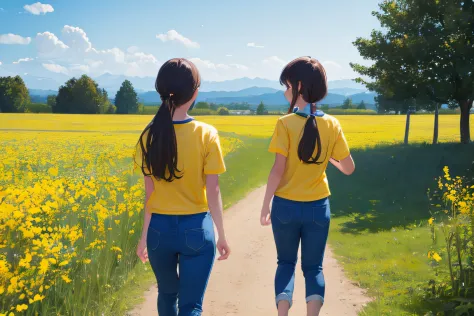 Landscape showing in the distance two happy students of about 10 years old with school uniform, yellow t-shirt and long blue pan...