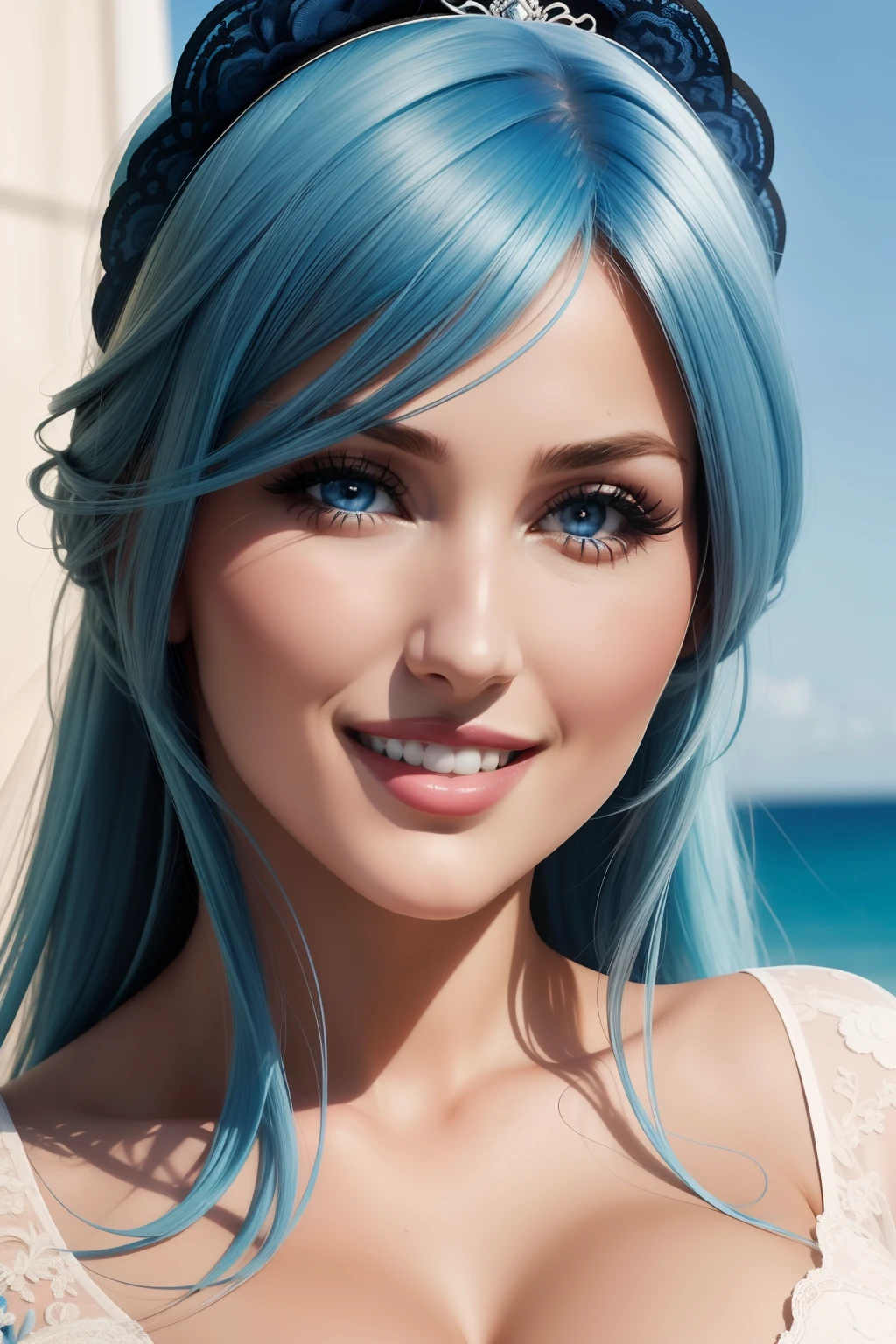 A woman with blue hair and a tiable on her head - SeaArt AI