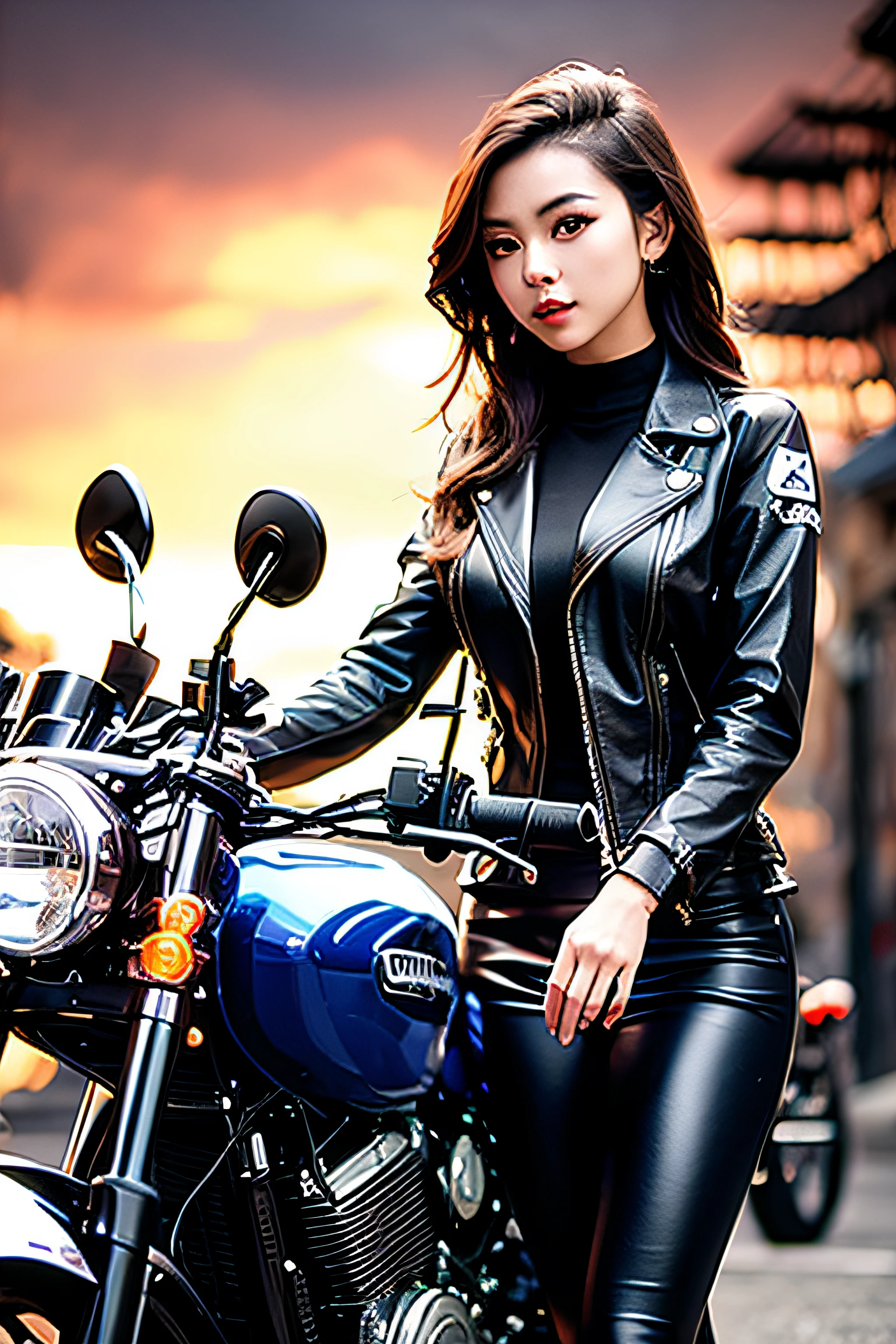 1girl, long wavy black hair, brown eyes, wearing black leather jacket, black leather long pants, black boots, city, riding motorcycle, high res, ultrasharp, 8K, masterpiece, looking at viewer, full body, red headgear, magnificent scene, epic scenes, fire, city ruin