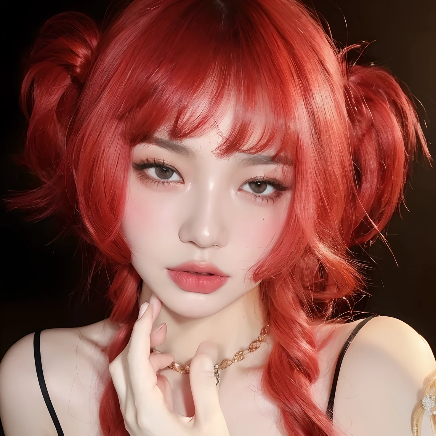 8k, best qualityer, Masterpiece artwork, ultra highres: 1.2, foto RAW), (realisitic, foto realisitic: 1.33), beautiful japanese doll photo, 1girl, 独奏, beautiful doll, body hair longo, (bangss), body hair, Double eyelidm, dark shaped eyes, Cosmetic Contact Lenses, eyes large, Perfect Anatomia, golden ratio, detailed beautiful face, solid circle eyes, (perfects eyes, detailedeyes), (detailedfacialfeatures), beautiful and clear eyes,  detail eye pupil, aquiline nose, gloss labial, labia, cheek, blush, beautiful make up, skin fair, shining skin, slenderbody, fine thighs, narrow waisted, beautiful hands, regatta branca, regatta, bratops, spaghetti handle, shorts jeans, へそ, shoulders, 正面