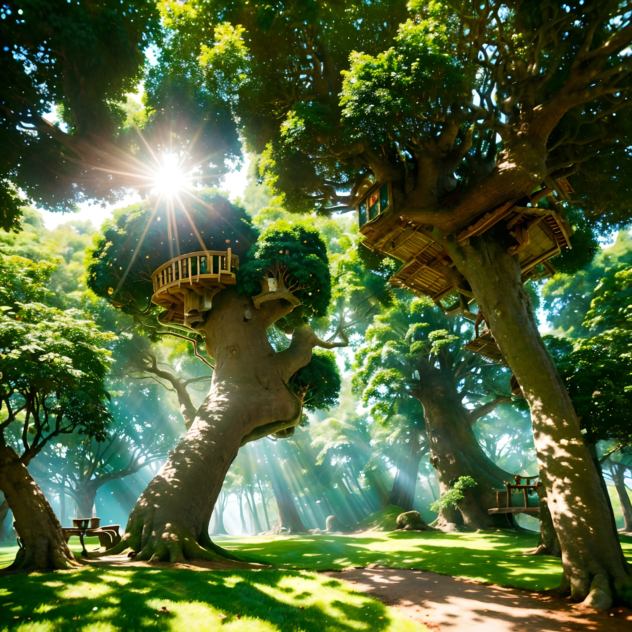 "Crea una imagen que represente una casa en el árbol bañada por el intenso resplandor del sol en un día soleado. Captura los detalles de las hojas de los árboles bailando con el viento y la luz dorada que ilumina el interior de la casa del árbol. Transmita a su imagen y semejanza la sensación de alegría y aventura de este entorno."