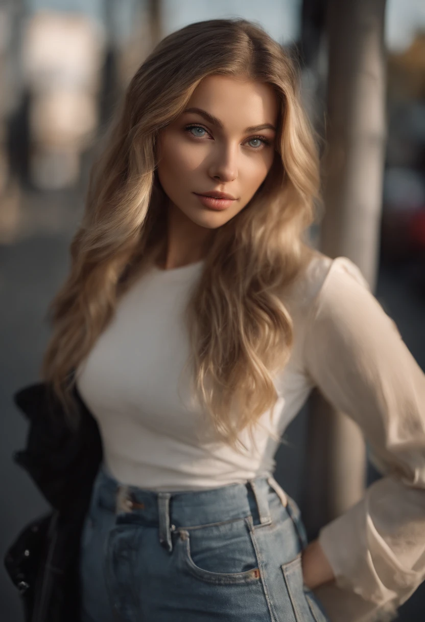 A close up of a woman with long blonde hair standing on a street - SeaArt AI