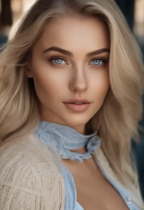 A close up of a woman with long blonde hair and blue eyes - SeaArt AI