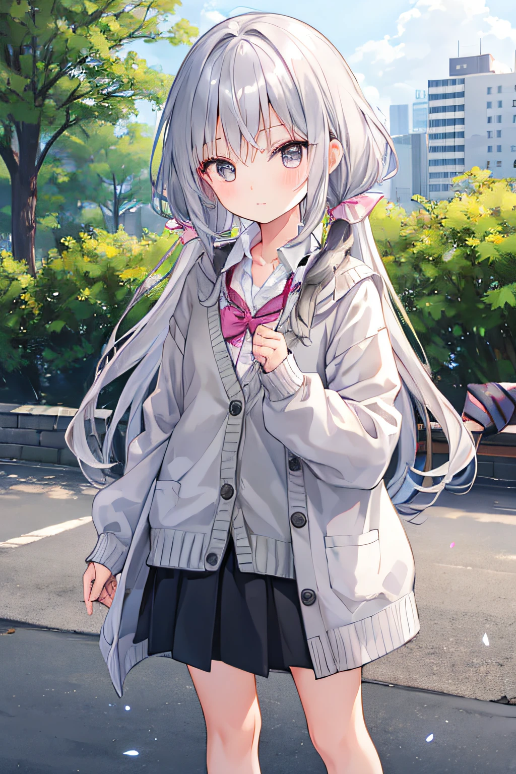 high-level image quality、girl with、long、Light gray hair、Gray eyes、Fashionable clothes、Wearing a cardigan、cute little、A  with the image of Sacabanspis