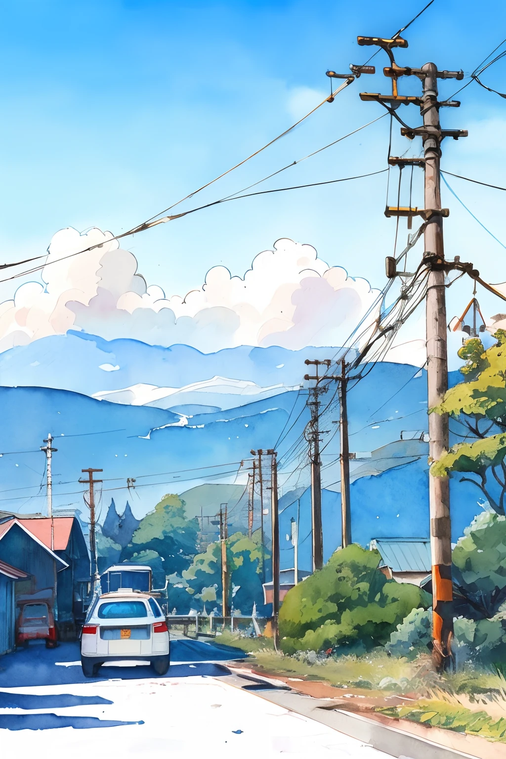 No humans, Outdoors, Power lines, Duan, skyporn, utility pole, tree, Scenery, Traditional Media, day, cloud, plant, Blue sky, mountain road, building, bush, tussock, Painting (Medium), watercolor paiting (Medium), Town